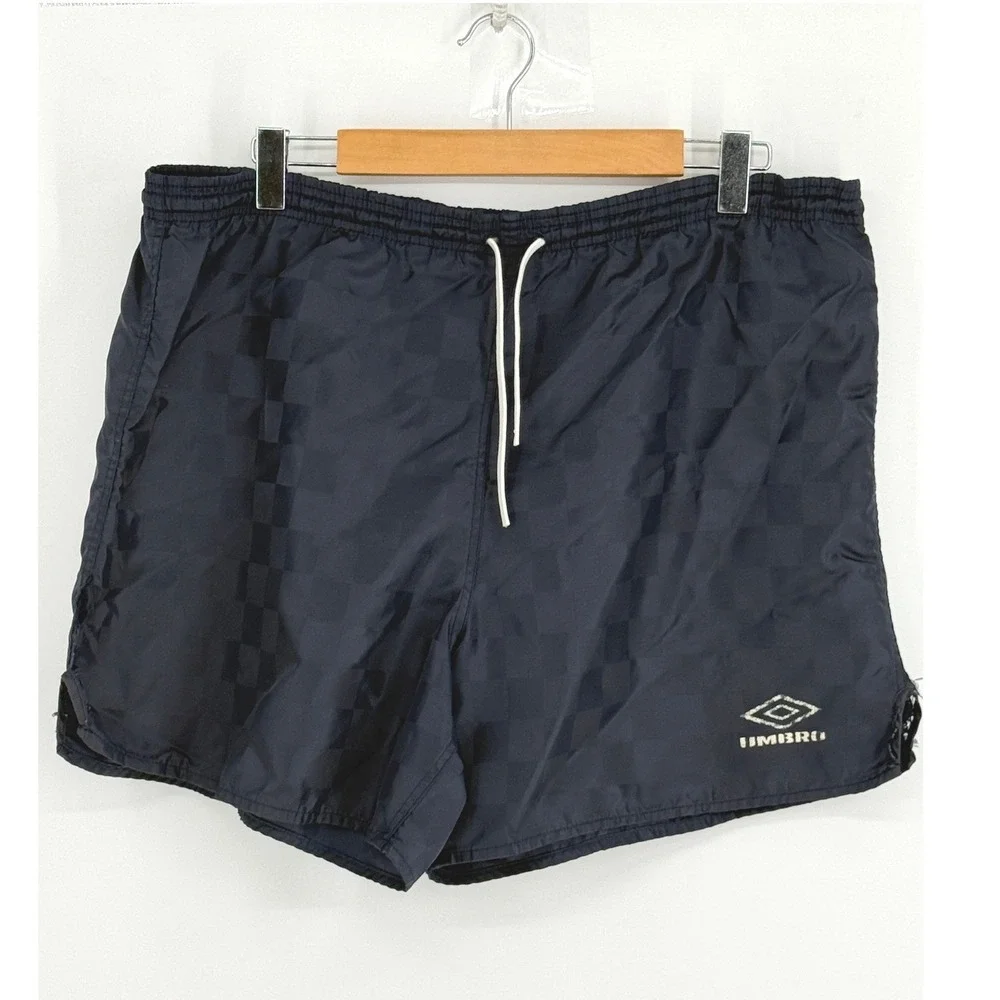 Vintage Umbro Navy Blue Checkered Soccer Shorts Made in USA Mens Large 90s Retro